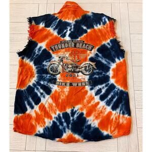 Biker wear USA men’s tie dye sleeveless‎ denim button down shirt Thunder Beach